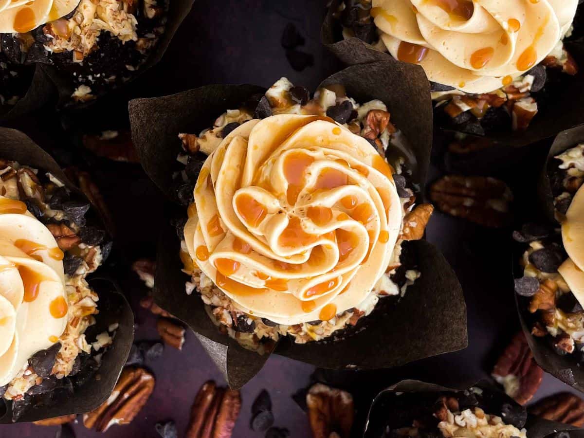 overhead shot of chocolate turtle cupcakes