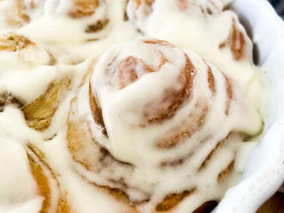 closeup up picture of a potato flake sourdough cinnamon roll