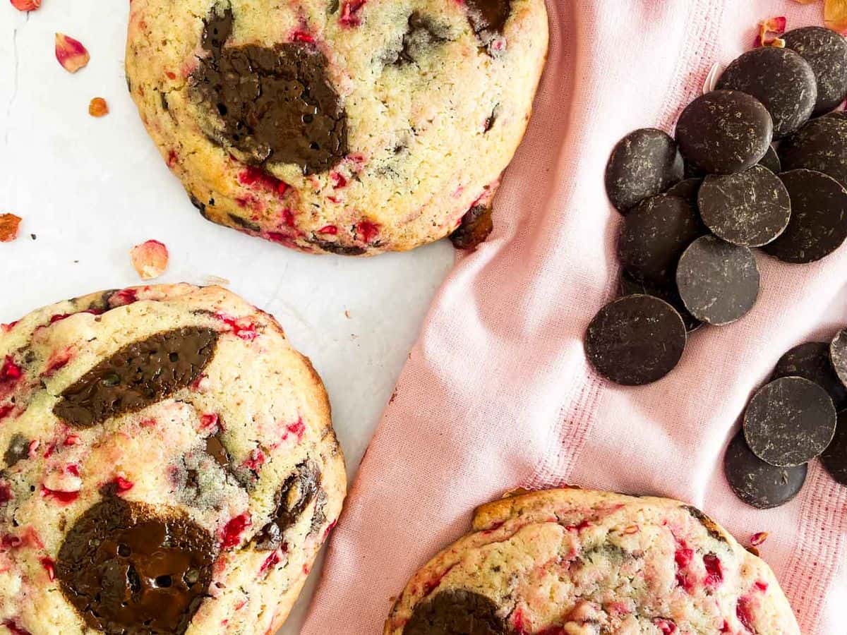 three dark chocolate raspberry cookies