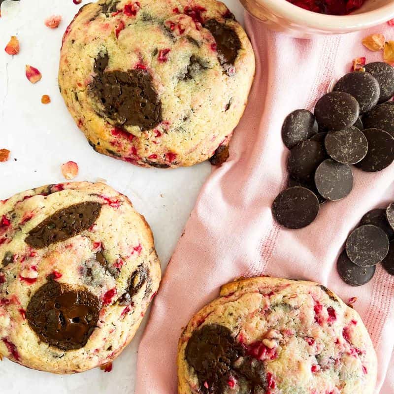 three dark chocolate raspberry cookies