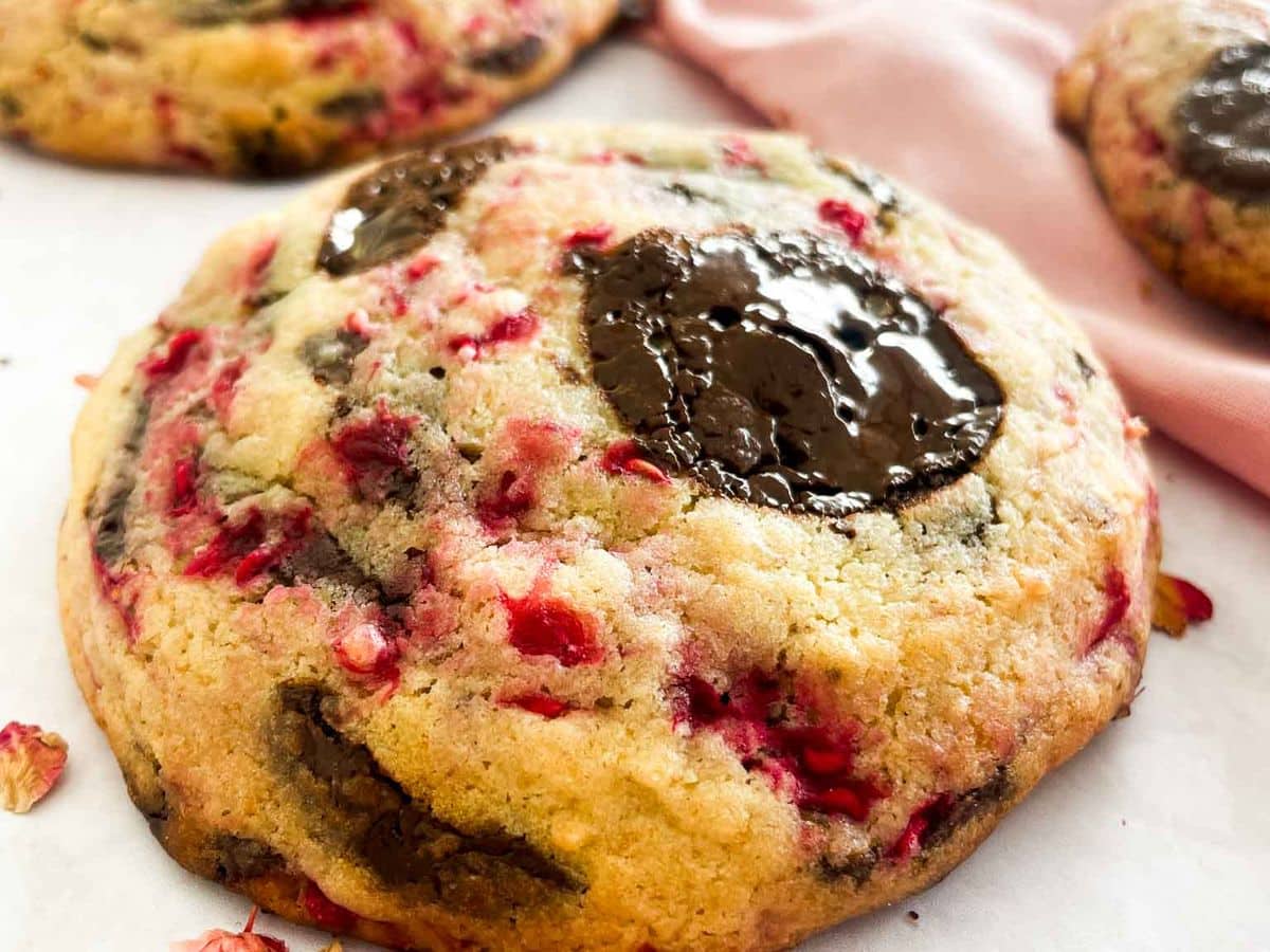 closeup of dark chocolate raspberry cookie