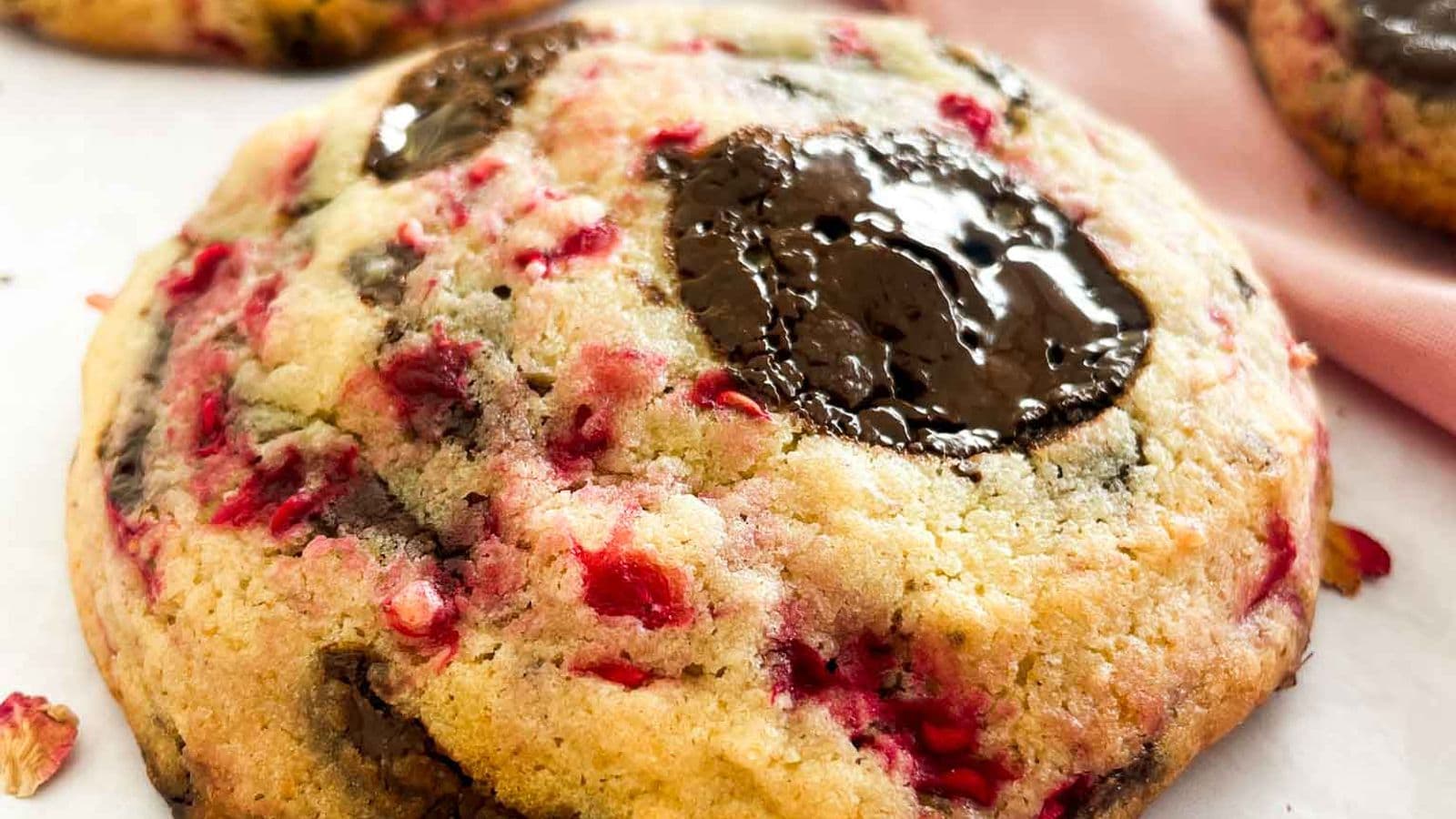 closeup of dark chocolate raspberry cookie