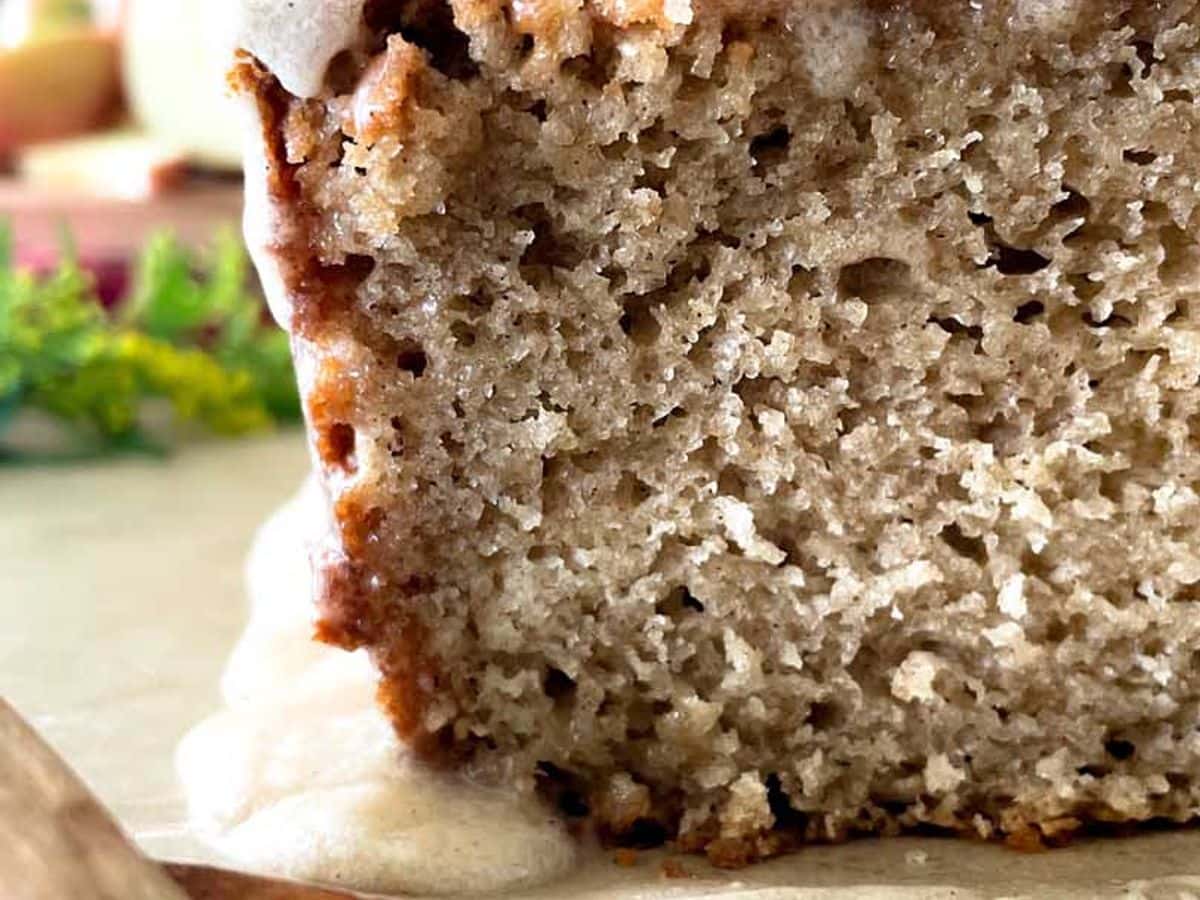 cut loaf of apple cider donut bread from the side
