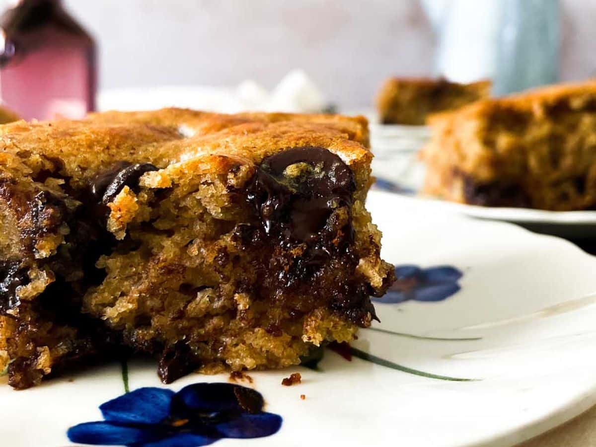 greek yogurt banana bread side view on a plate