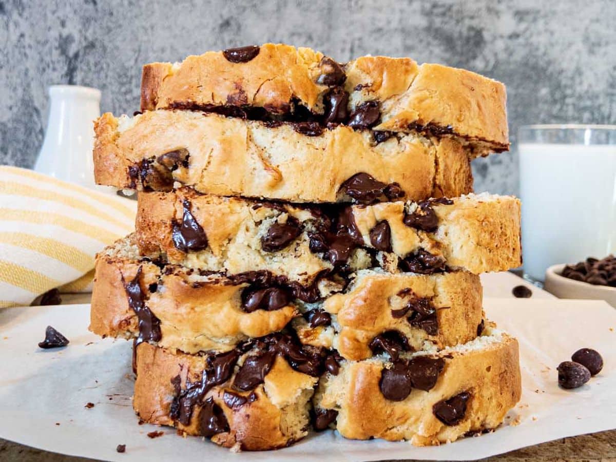 banana bread with chocolate chips, sliced and stacked on the back of a cookie sheet, with glass of milk and bowl of chocolate chips in the background