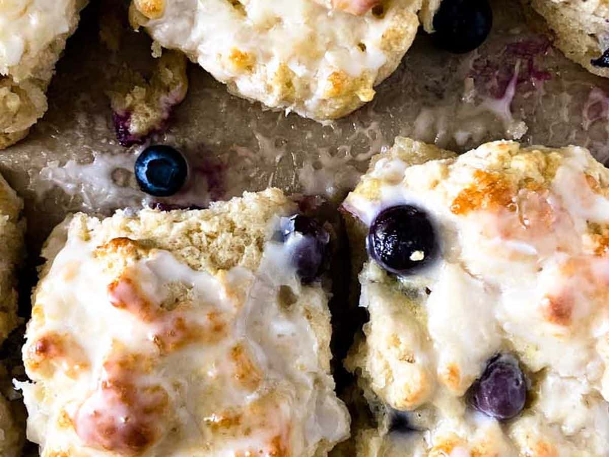 boberry biscuits with blueberries frosted with icing overhead on pan