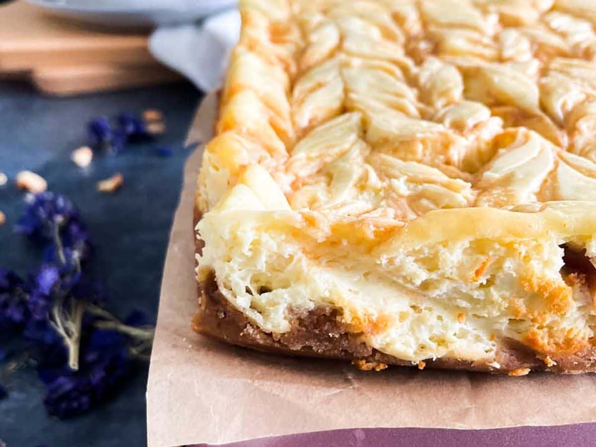 caramel cashew cheesecake bars from the side