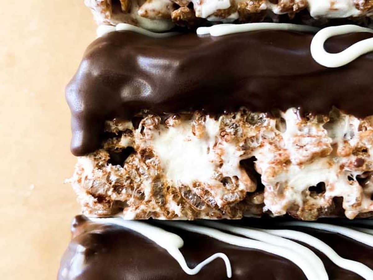 chocolate peanut butter rice krispie treats stacked