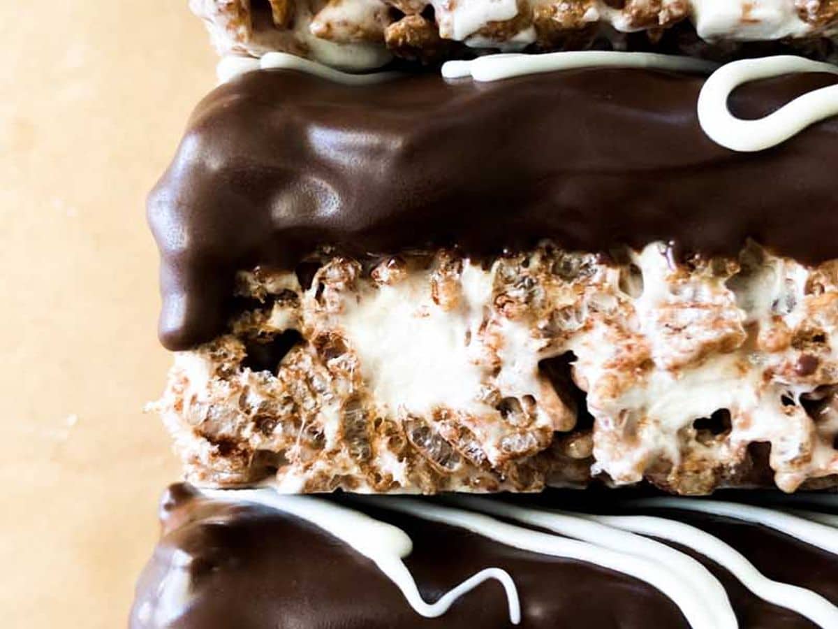 chocolate peanut butter rice krispie treats stacked