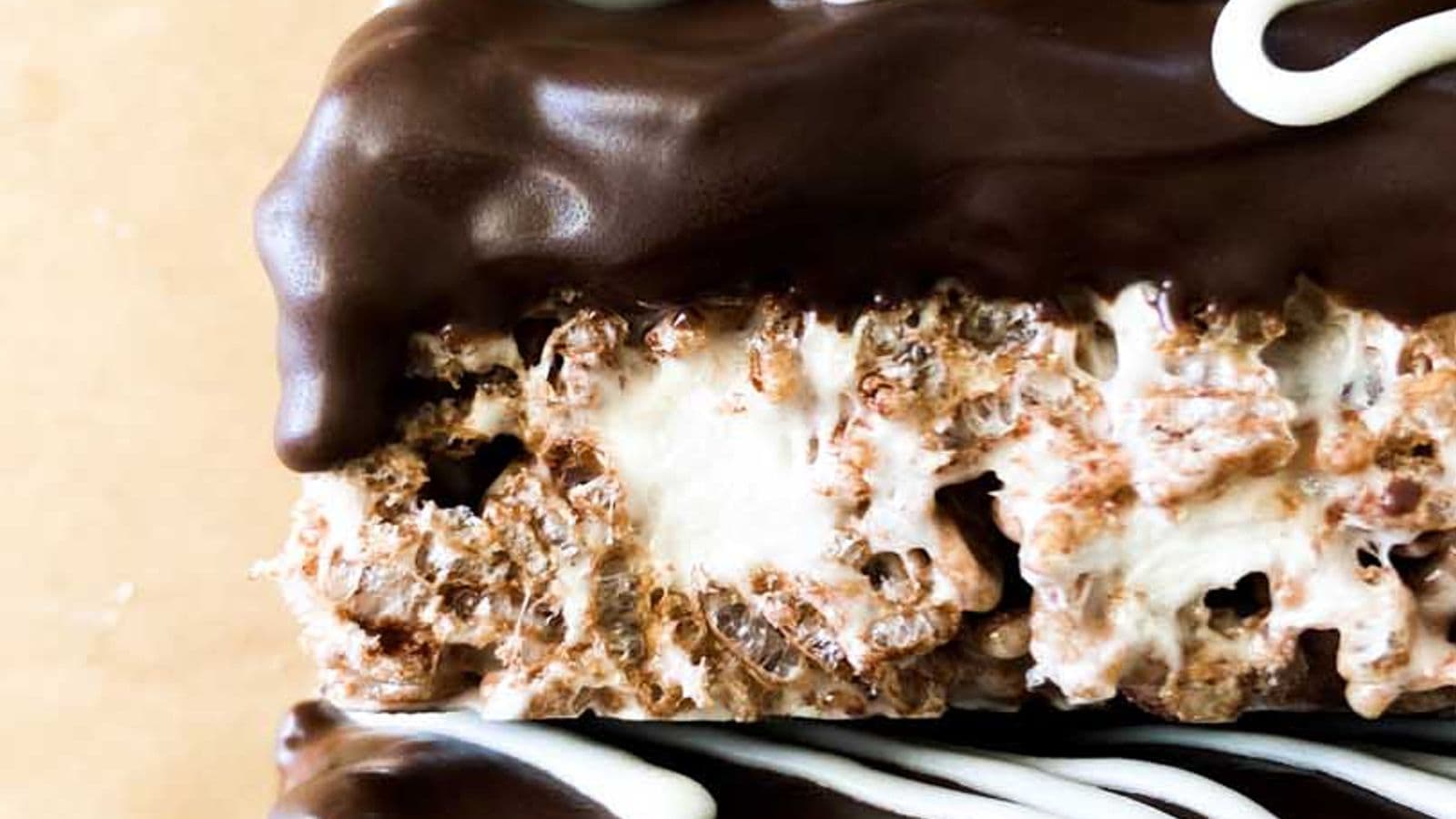 chocolate peanut butter rice krispie treats stacked