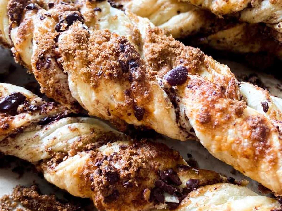 chocolate pecan twists finished baking on a cookie sheet