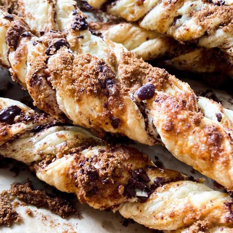 chocolate pecan twists finished baking on a cookie sheet