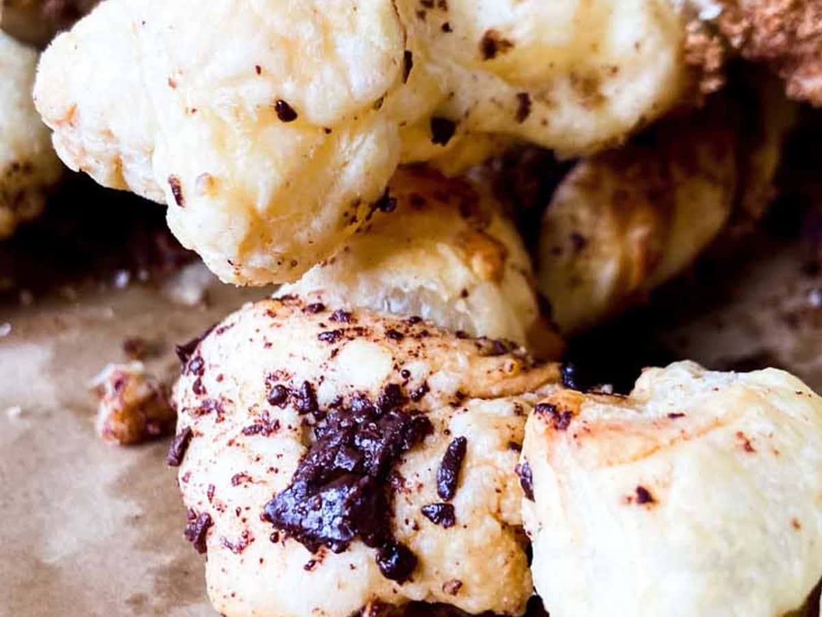 chocolate pecan twists close up showing chocolate coating