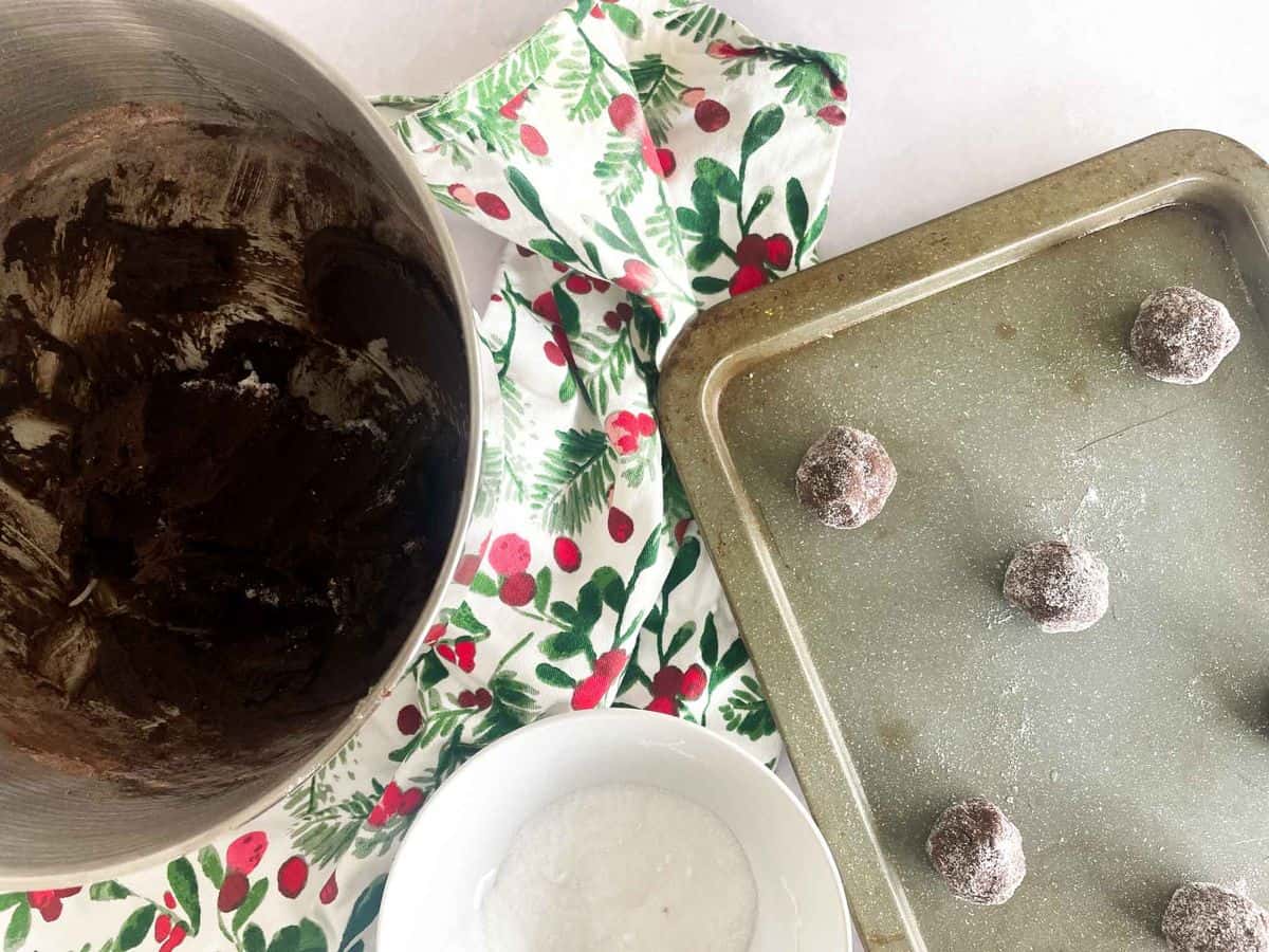 chocolate peppermint blossom cookie dough rolled in sugar