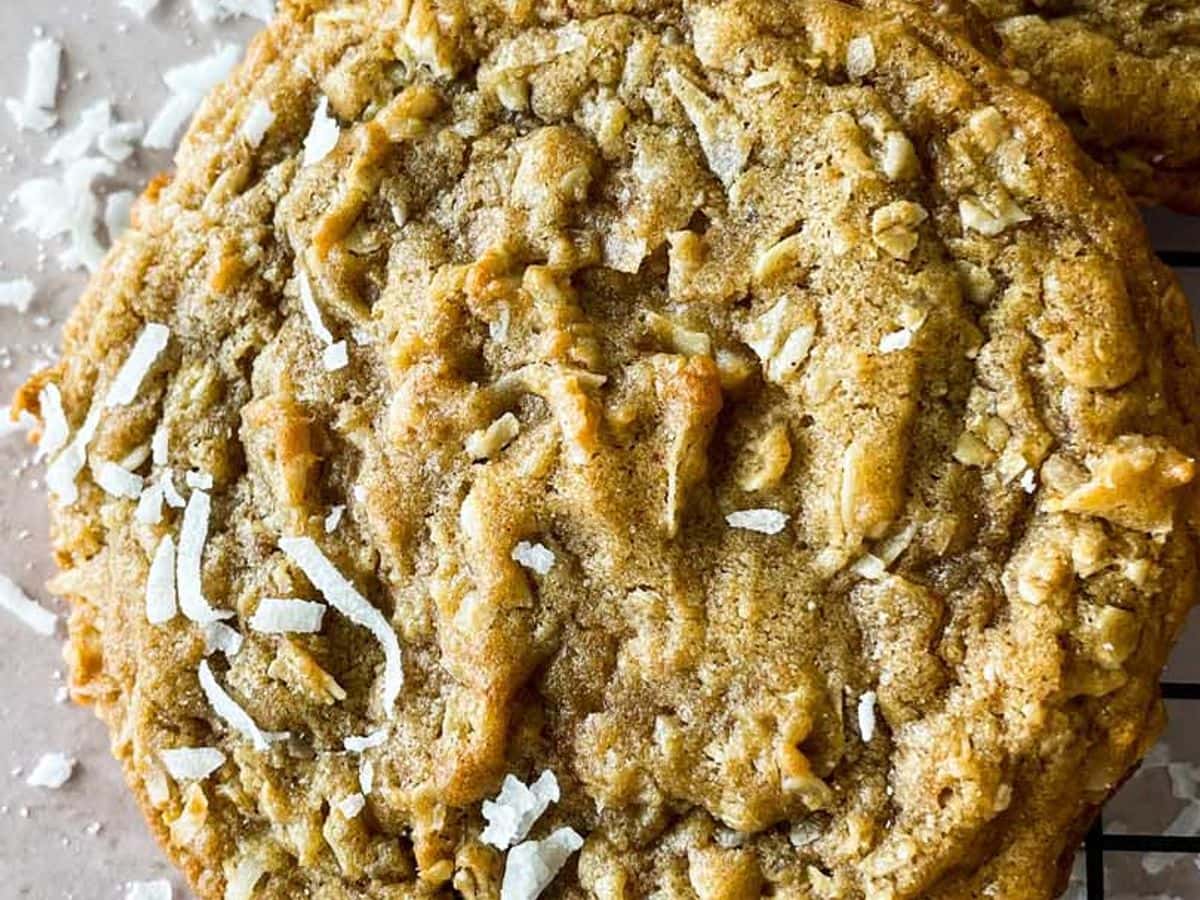 closeup of spiced coconut cookie with pieces of shredded coconut