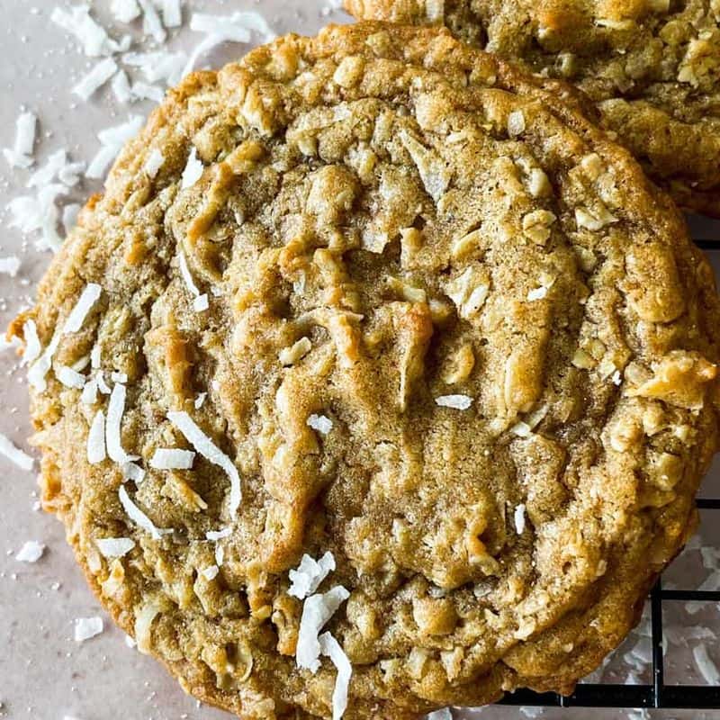 closeup of spiced coconut cookie with pieces of shredded coconut