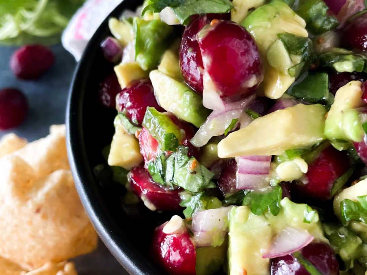 cranberry avocado salsa served in bowl with chips on the side