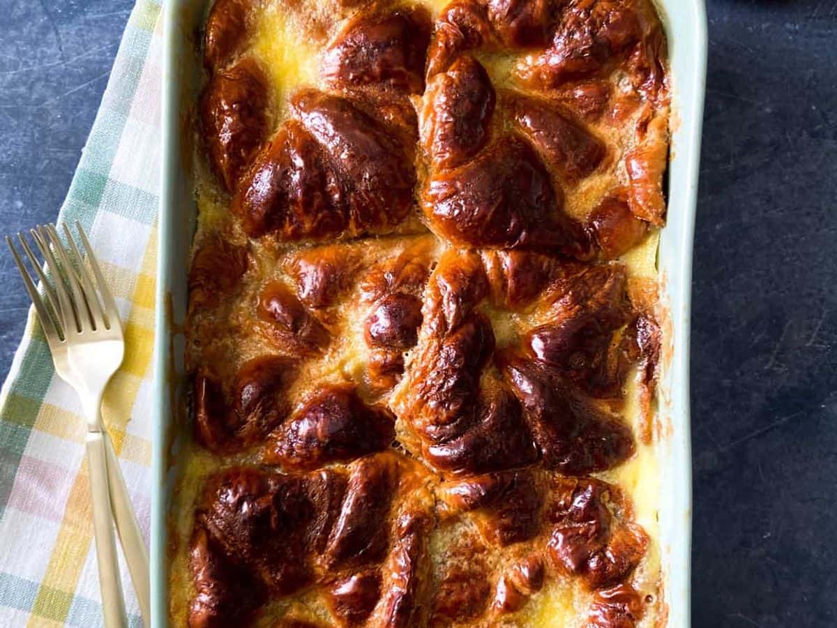 croissant pudding finished in pan with golden brown finish