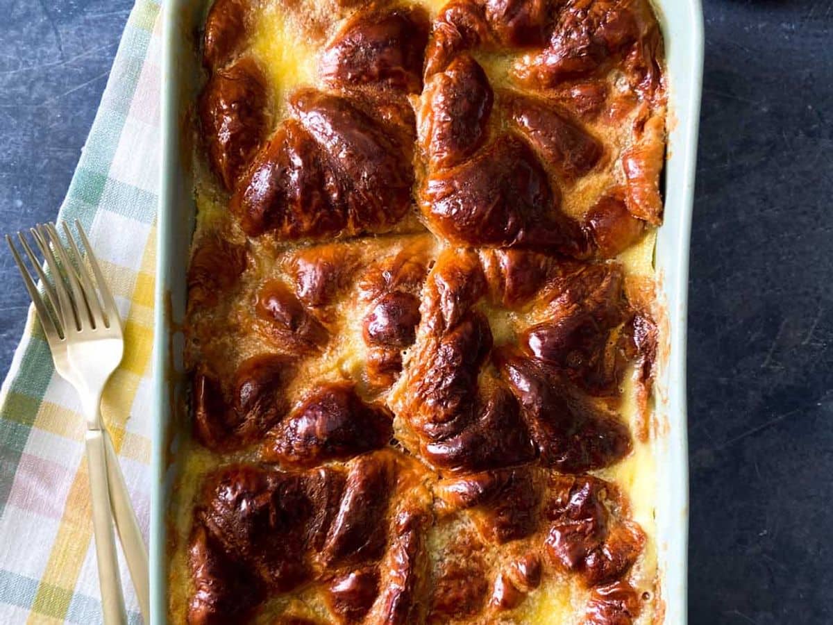 croissant pudding finished in pan with golden brown finish