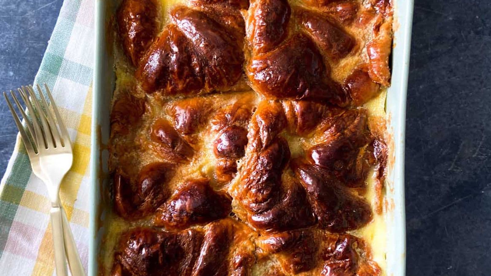 croissant pudding finished in pan with golden brown finish