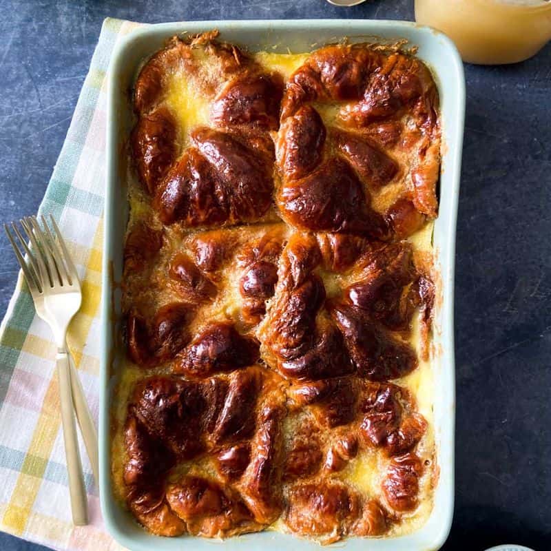 croissant pudding finished in pan with golden brown finish