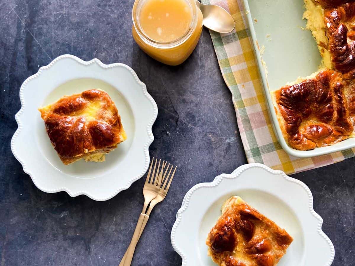 croissant pudding cut and plated