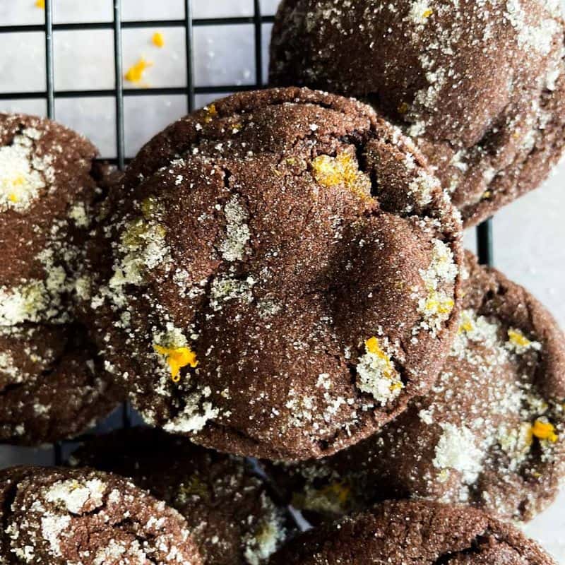dark chocolate orange snickerdoodles on cooling rack