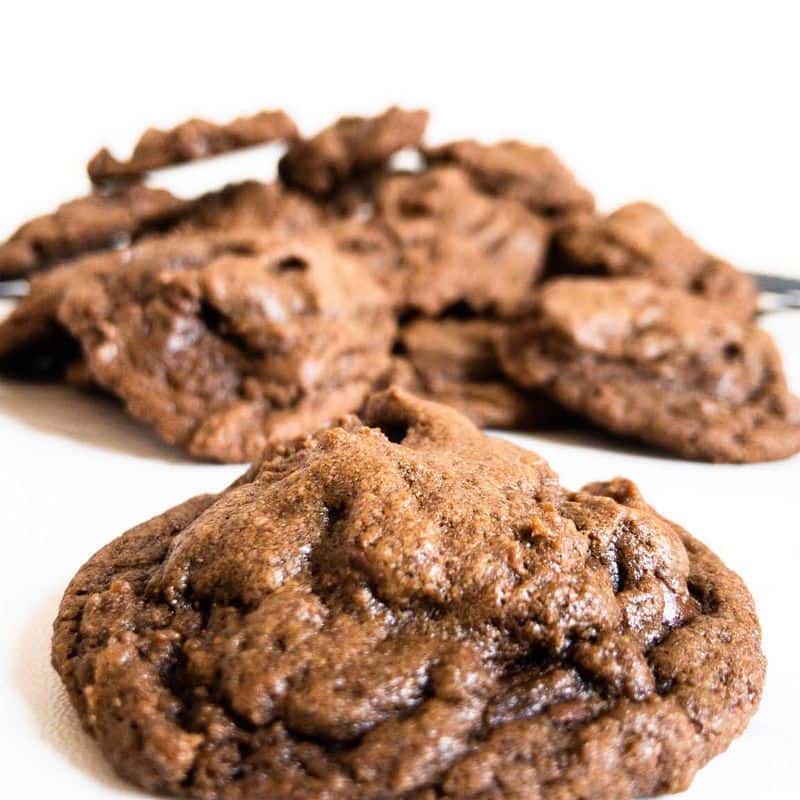 double chocolate chip cookies close up of single cookie with other cookies blurred in background