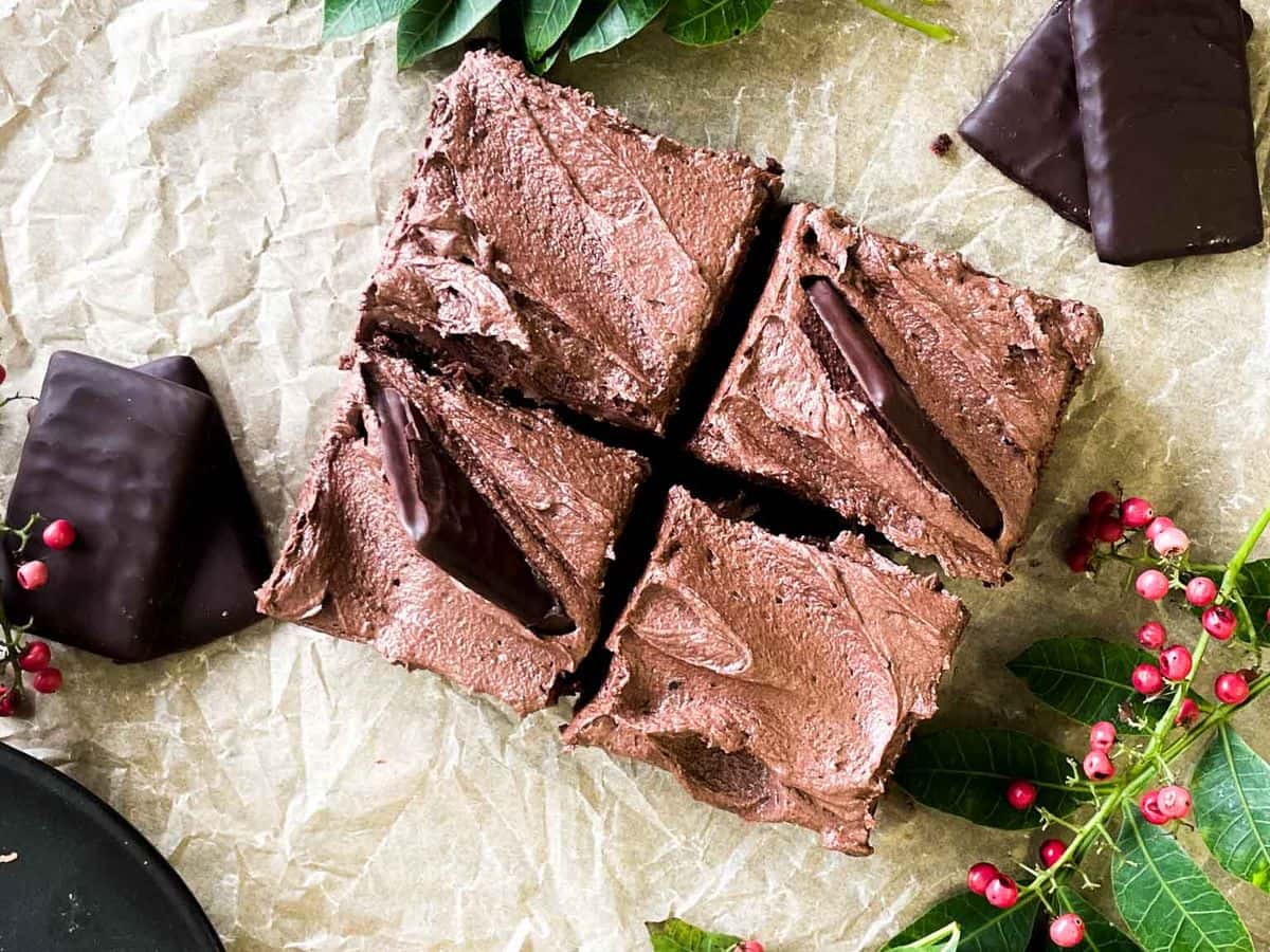four easy peppermint brownies arranged in a diamond shape