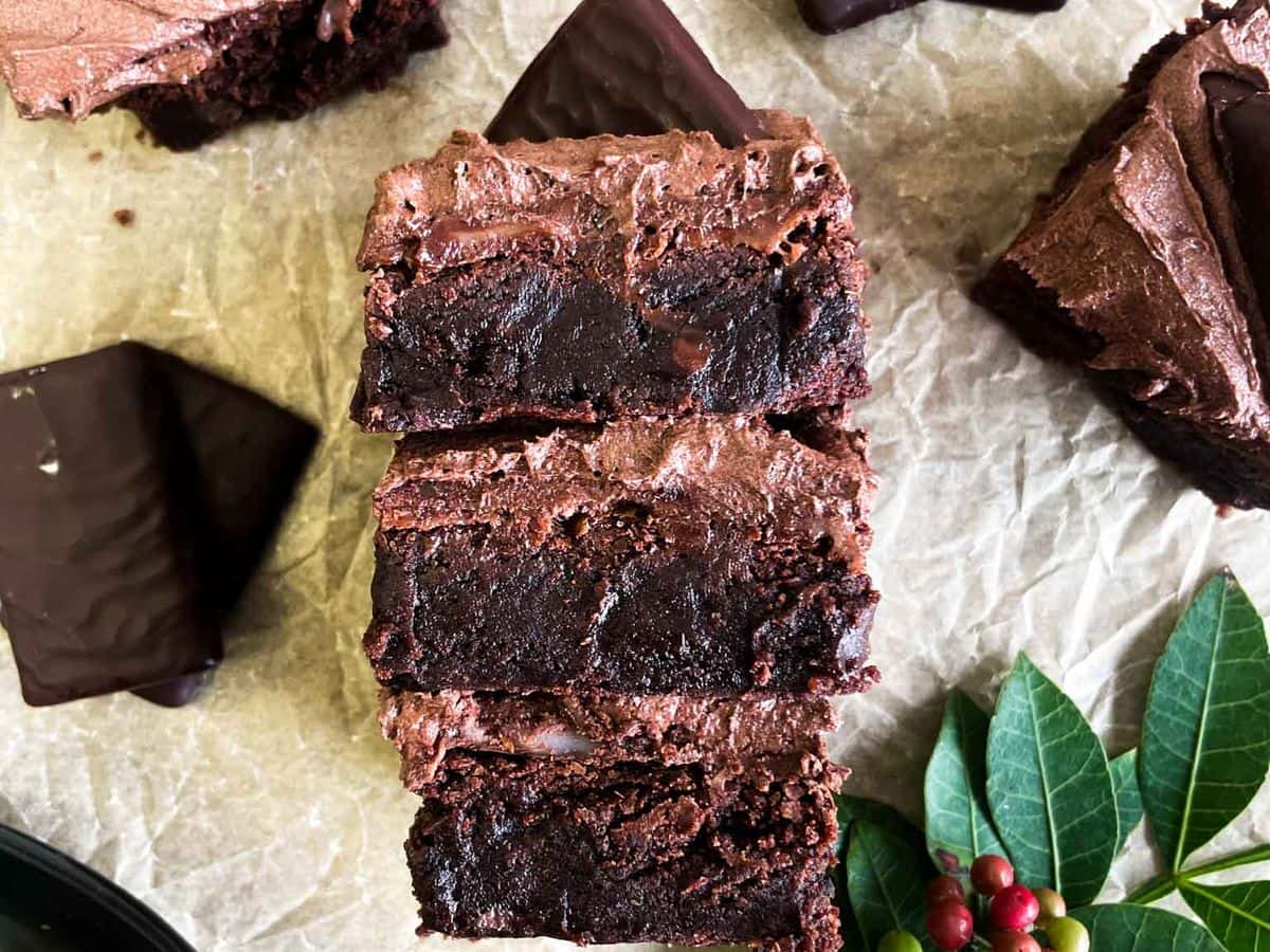 three easy chocolate peppermint brownies on their side