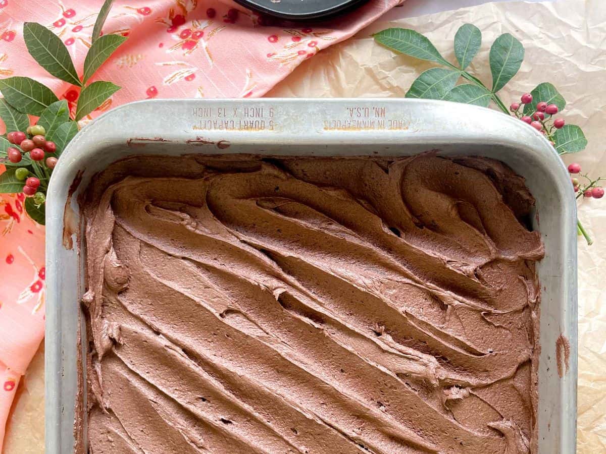 metal pan full of frosted easy peppermint brownies