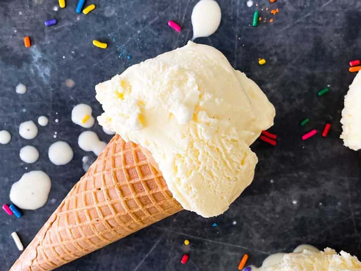 ice cream cone with scoop of homemade vanilla custard on counter