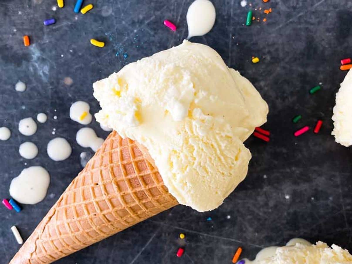 ice cream cone with scoop of homemade vanilla custard on counter