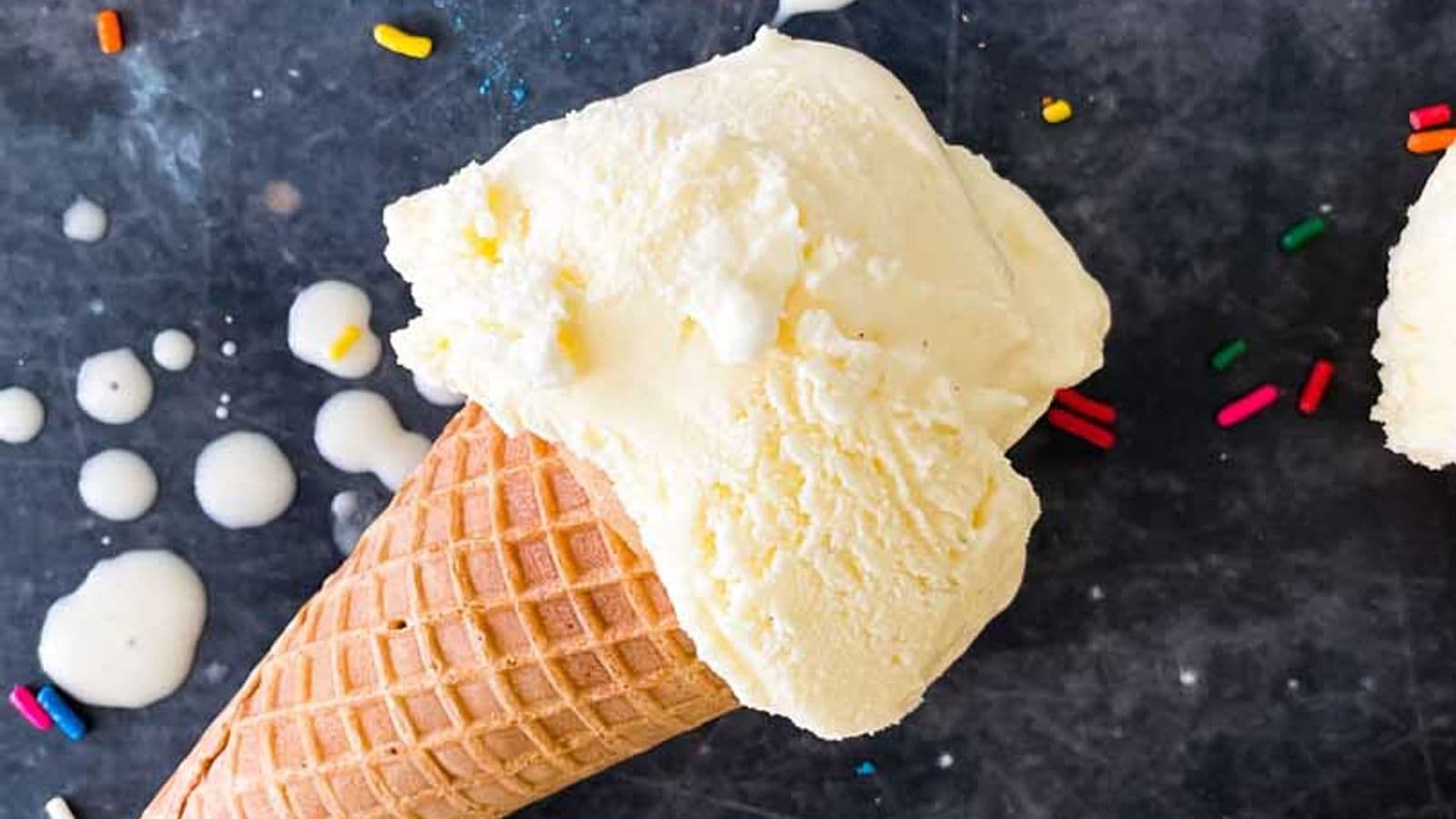 ice cream cone with scoop of homemade vanilla custard on counter