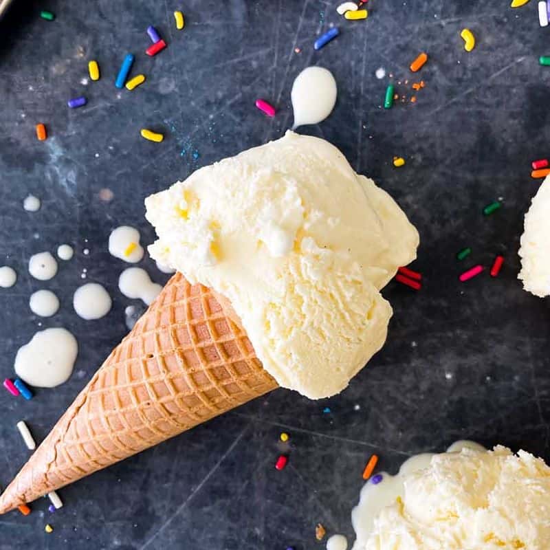ice cream cone with scoop of homemade vanilla custard on counter