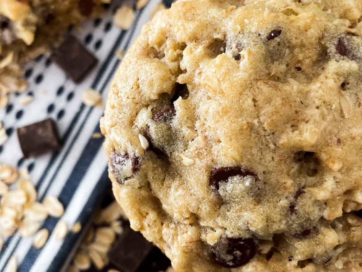 closeup of oatmeal chocolate chip cookies