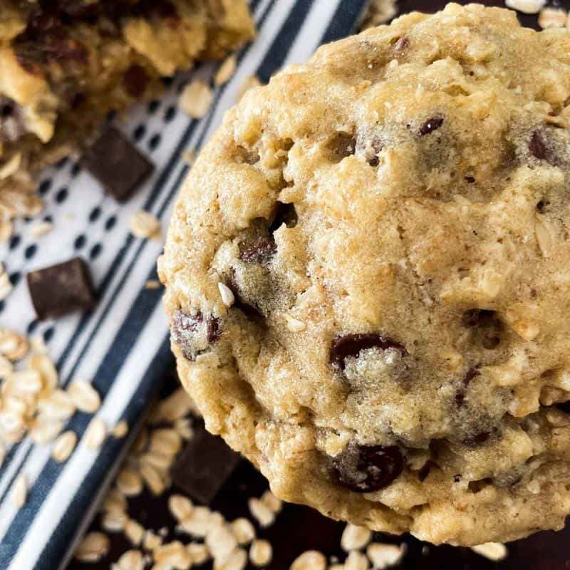 closeup of oatmeal chocolate chip cookies