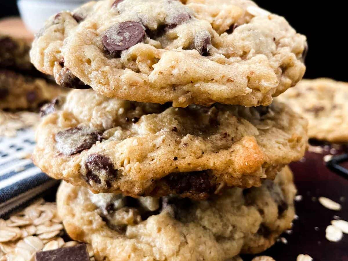 stack of three oatmeal chocolate chip cookies