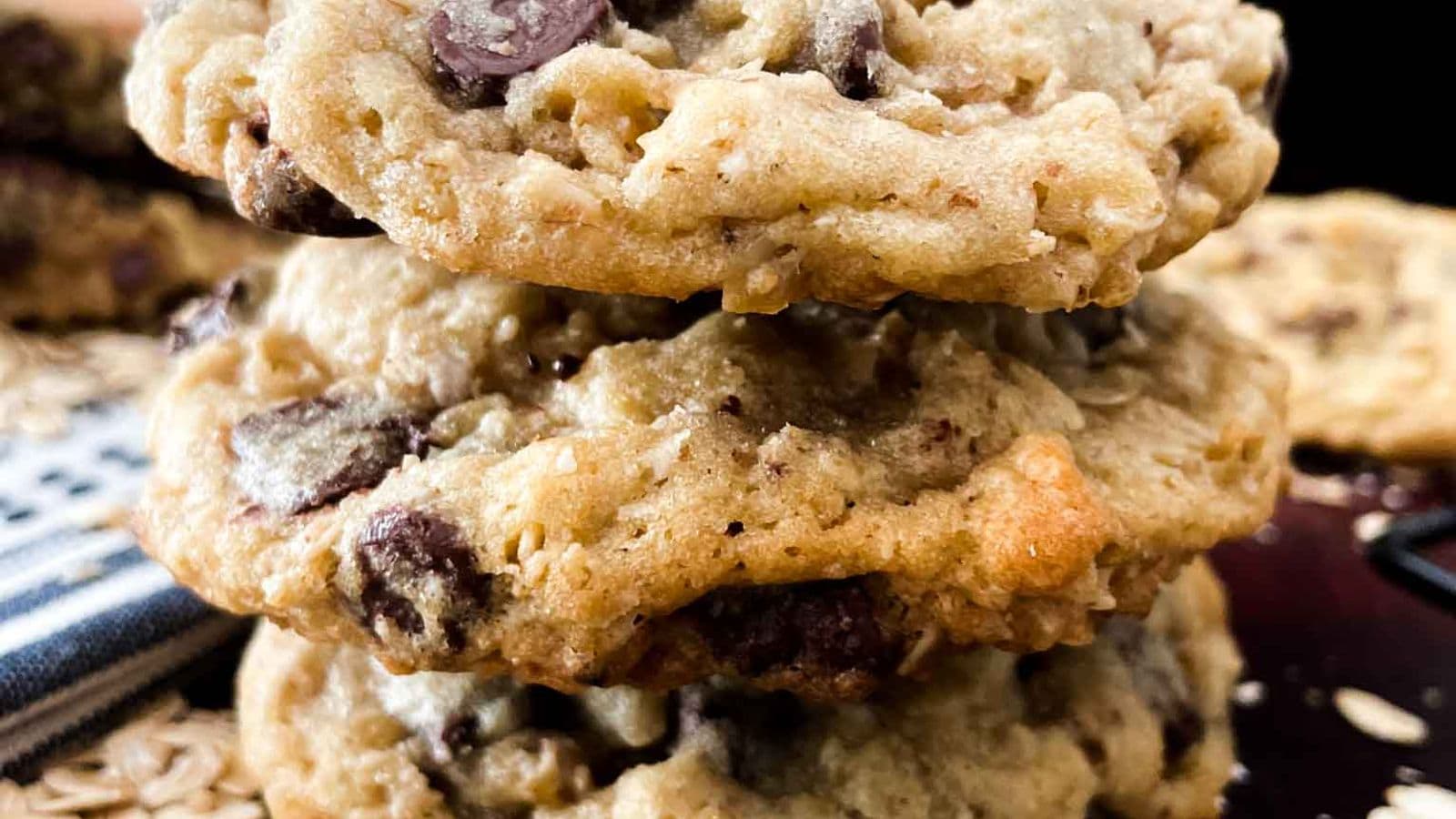 stack of three oatmeal chocolate chip cookies