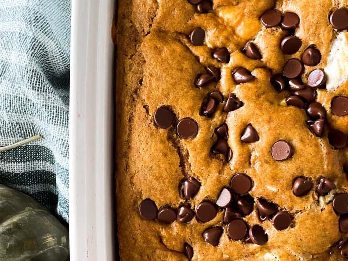 pumpkin cake with cream cheese filling and chocolate chips