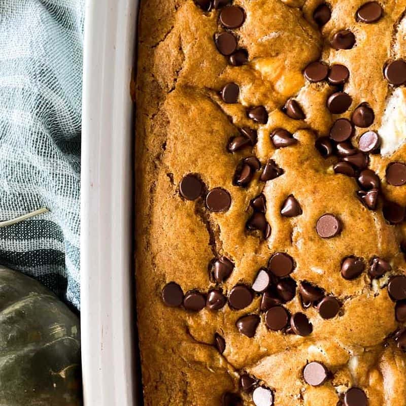 pumpkin cake with cream cheese filling and chocolate chips