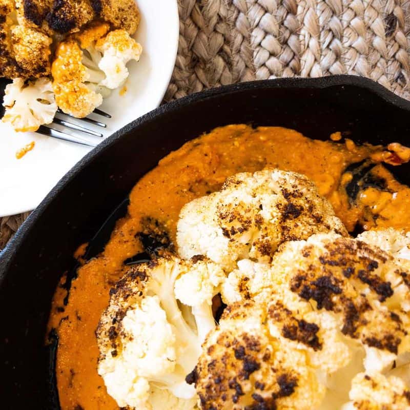 Roasted Cauliflower with Creamy Roasted Red Pepper Sauce
