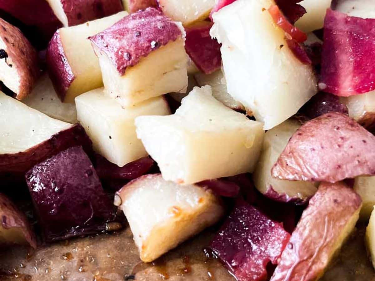 close up of diced potatoes