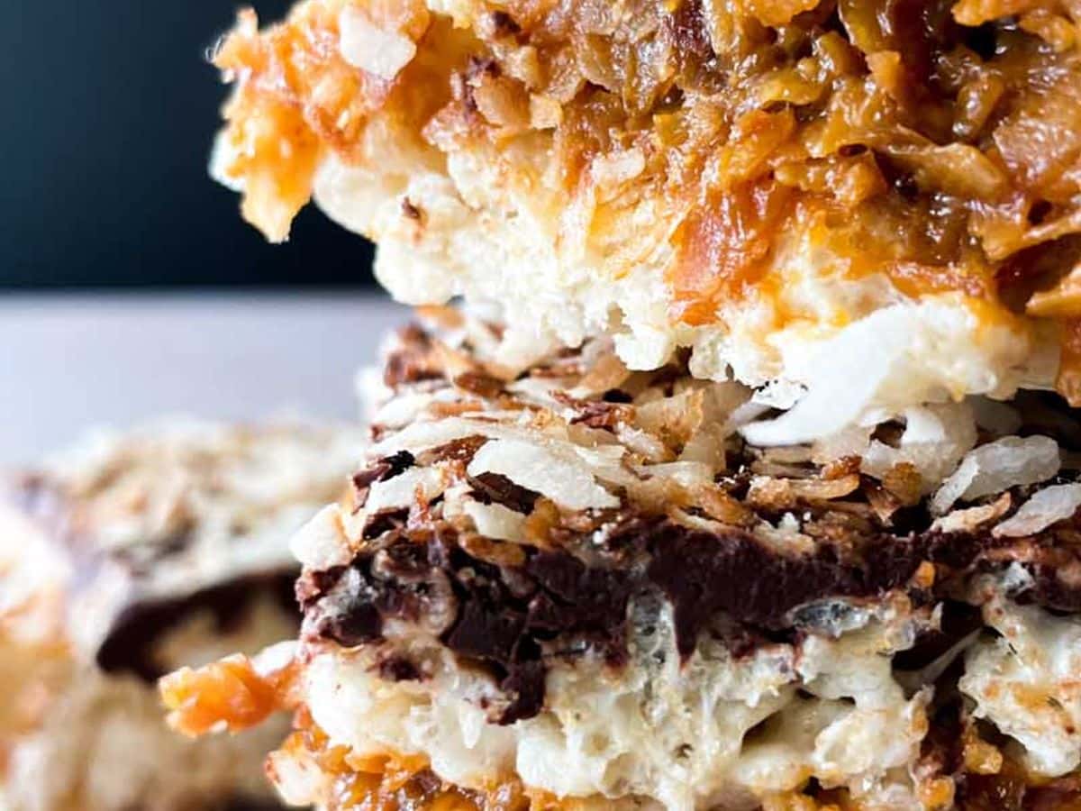 close up of stack of samoa rice krispies