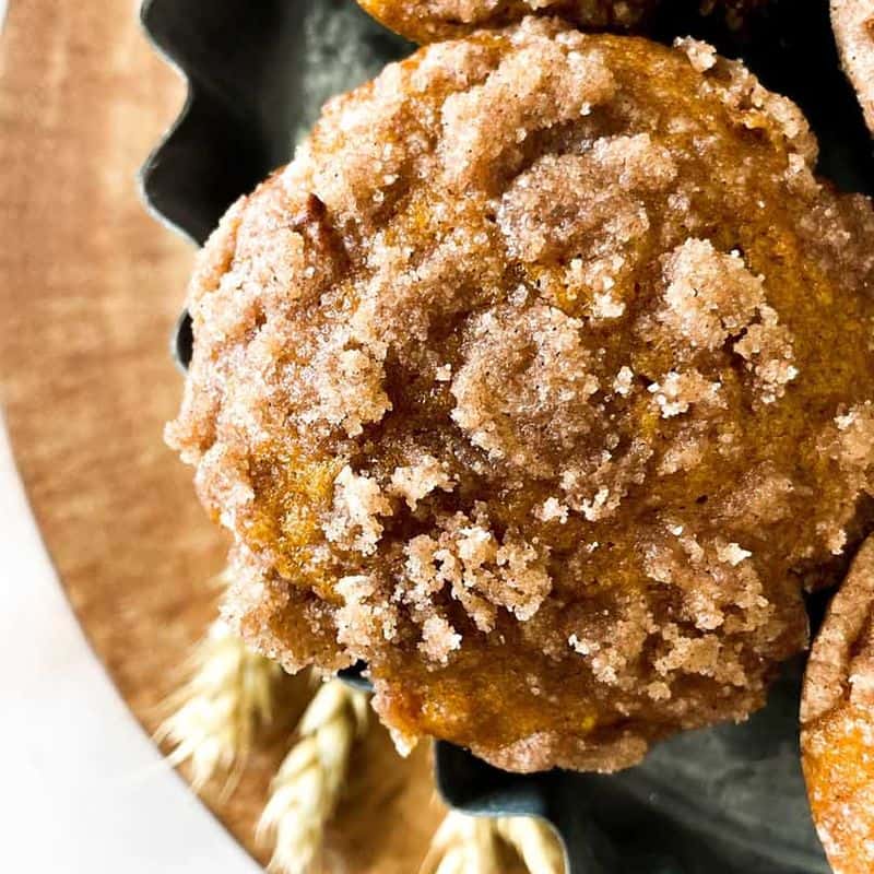 overhead view of starbucks copycat pumpkin cream cheese muffins showing cinnamon streusel topping