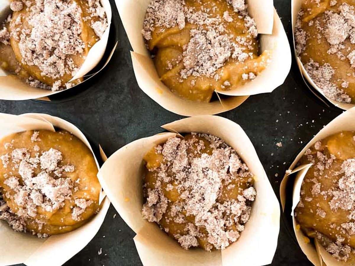 starbucks copycat pumpkin cream cheese muffin batter in pan ready to bake