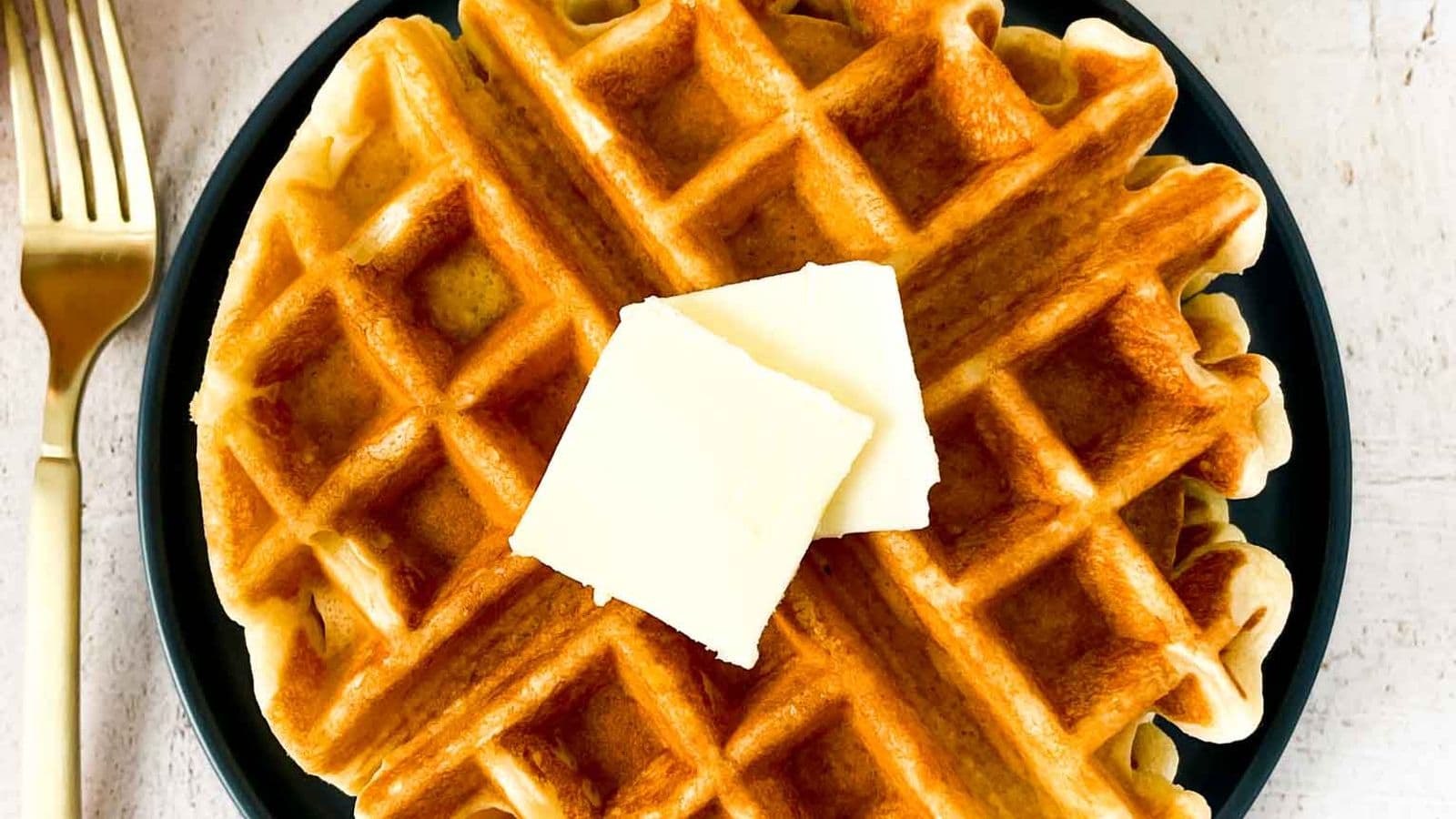 Golden homemade waffles fresh from the waffle iron