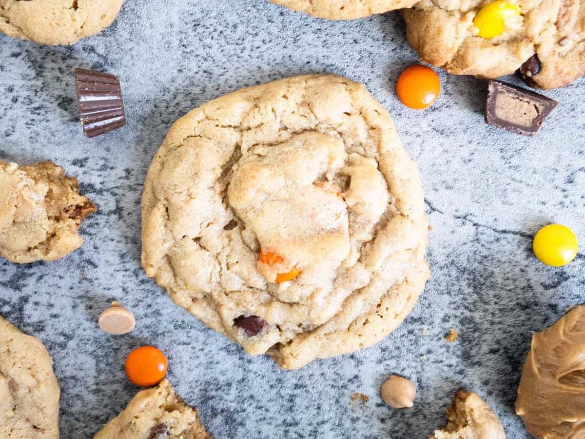 peanut butter cookie with Reese's pieces, mini Reese's cups, and peanut butter chips