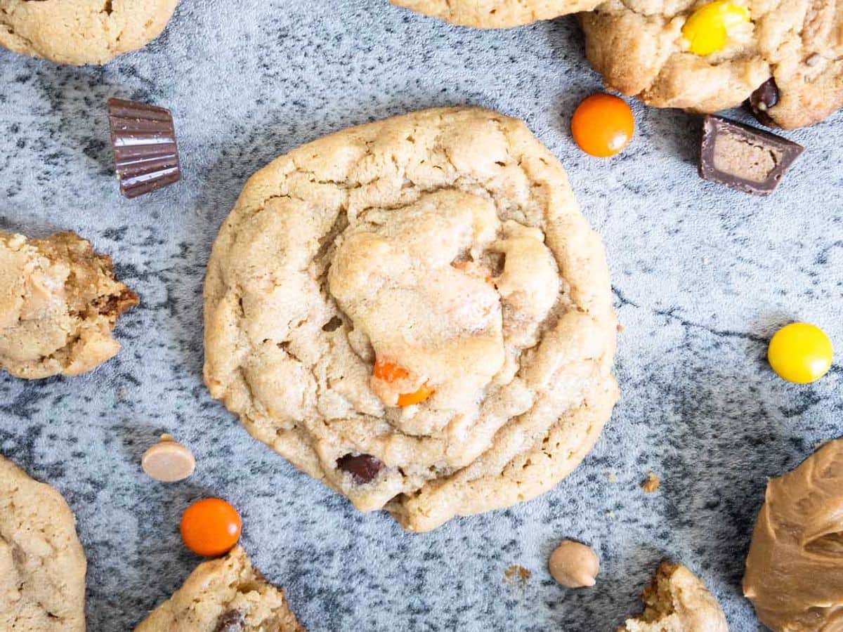 peanut butter cookie with Reese's pieces, mini Reese's cups, and peanut butter chips