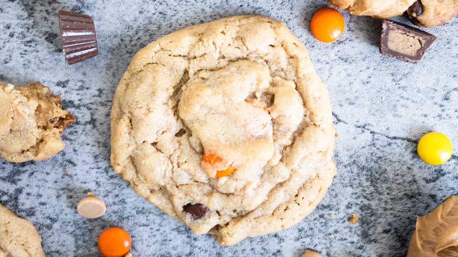 peanut butter cookie with Reese's pieces, mini Reese's cups, and peanut butter chips